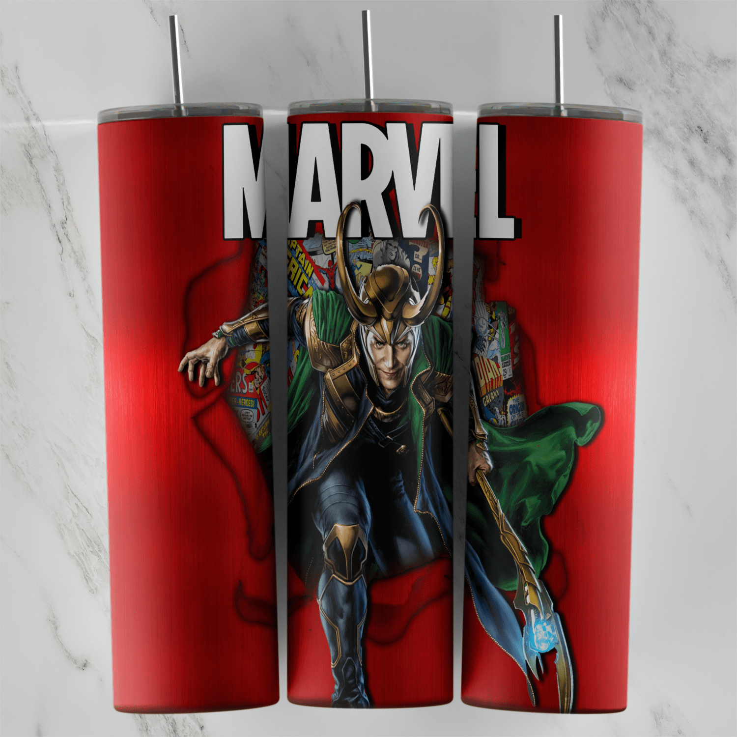 A 20 oz skinny tumbler wrap in glossy red with the big MARVEL logo on top and Loki in his horned helmet and green cape breaking. Sublimation design