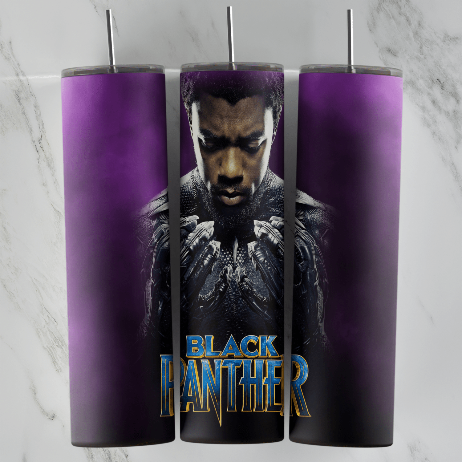A Black Panther tumbler wrap styled as a movie poster: T’Challa’s portrait over a purple gradient with the Black Panther title. Sublimation design