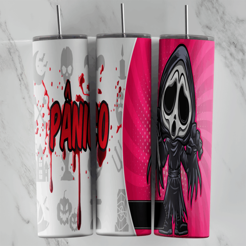 A 20 oz skinny tumbler wrap with a chibi Ghostface from Scream on a hot pink panel, with red Pânico lettering and blood splatter. Sublimation design
