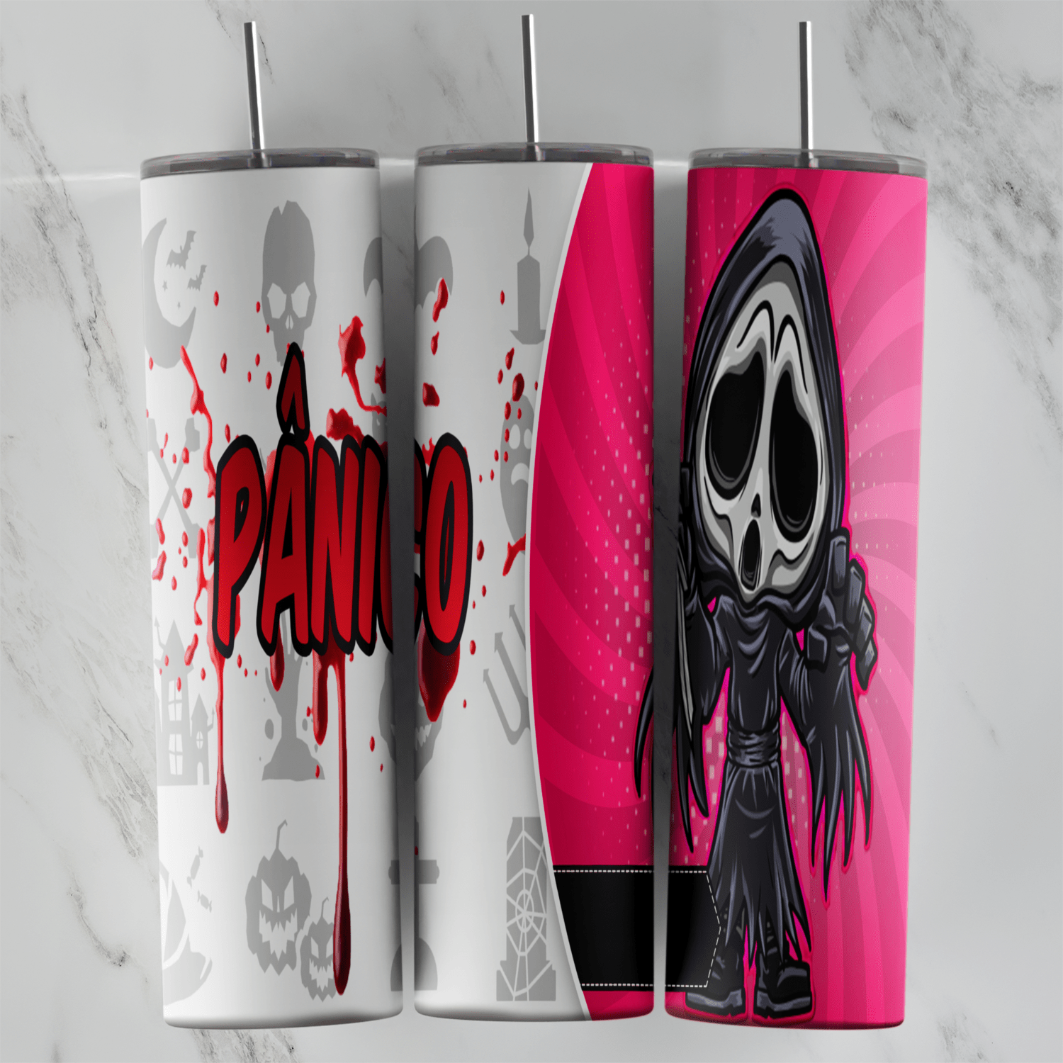A 20 oz skinny tumbler wrap with a chibi Ghostface from Scream on a hot pink panel, with red Pânico lettering and blood splatter. Sublimation design