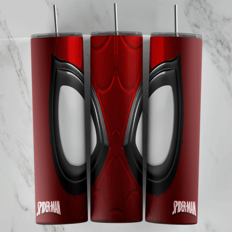 A 20 oz skinny tumbler wrap showing the Spider-Man mask up close: two large white eye lenses with black frames on red web. Sublimation design