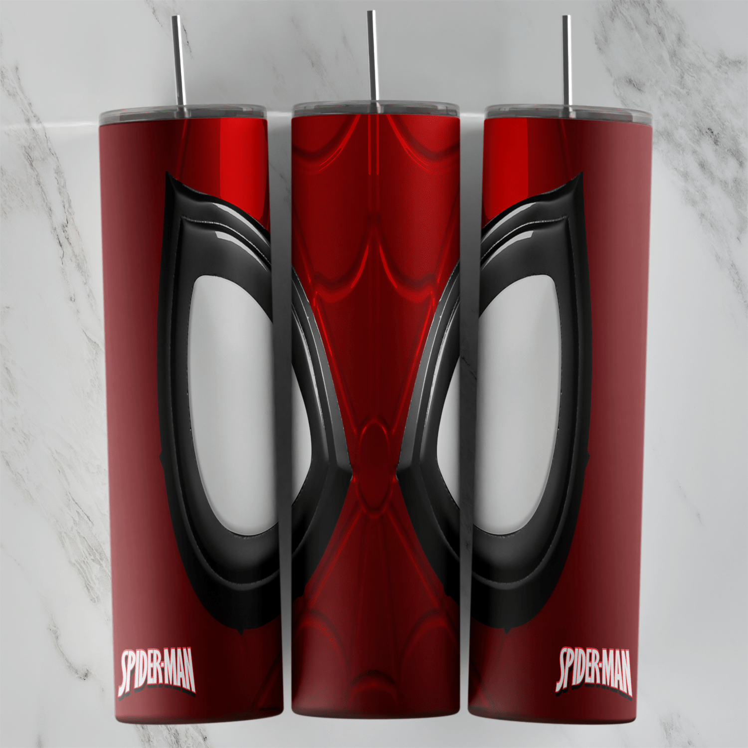 A 20 oz skinny tumbler wrap showing the Spider-Man mask up close: two large white eye lenses with black frames on red web. Sublimation design