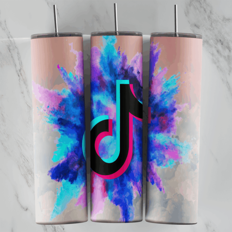 A TikTok tumbler wrap with the black music note logo bursting out of a purple, blue and pink powder explosion on a soft peach. Sublimation design
