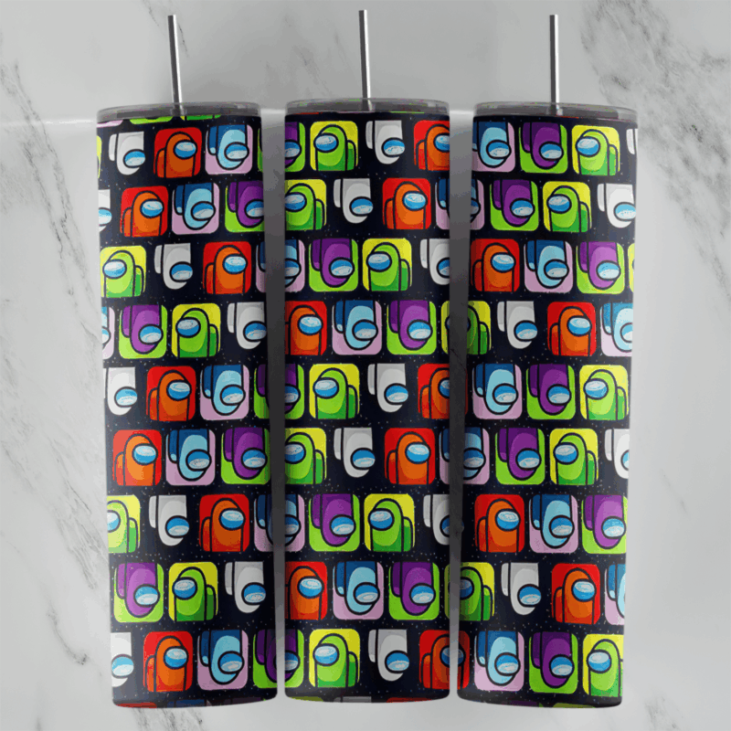 A 20 oz skinny tumbler wrap with a tight grid of square framed crewmates in red, green, purple, orange and blue on black. Sublimation design