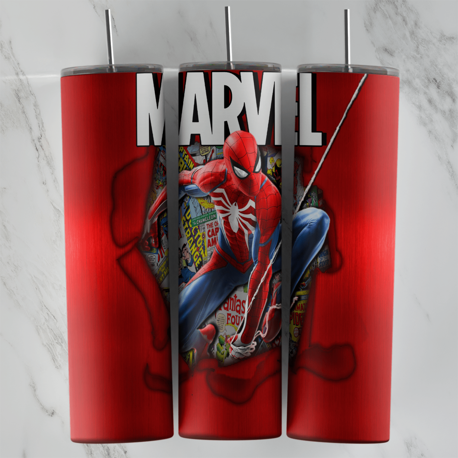 A 20 oz skinny tumbler wrap in glossy red with the big MARVEL logo on top and Spider-Man swinging on a web breaking out of a torn. Sublimation design