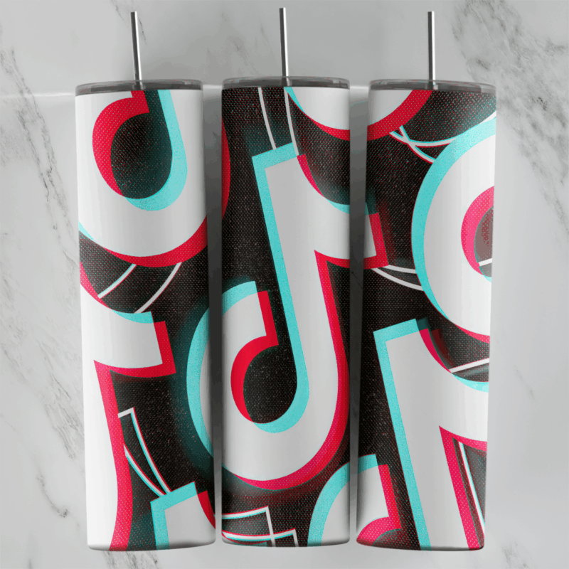 A TikTok tumbler wrap filled with oversized overlapping music note logos in black, white, cyan and red, cropped at the edges. Sublimation design