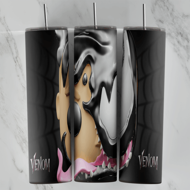 A Venom tumbler wrap with a cartoon mouse face merging into the Venom symbiote, black and white with a pink tongue, and Venom. Sublimation design