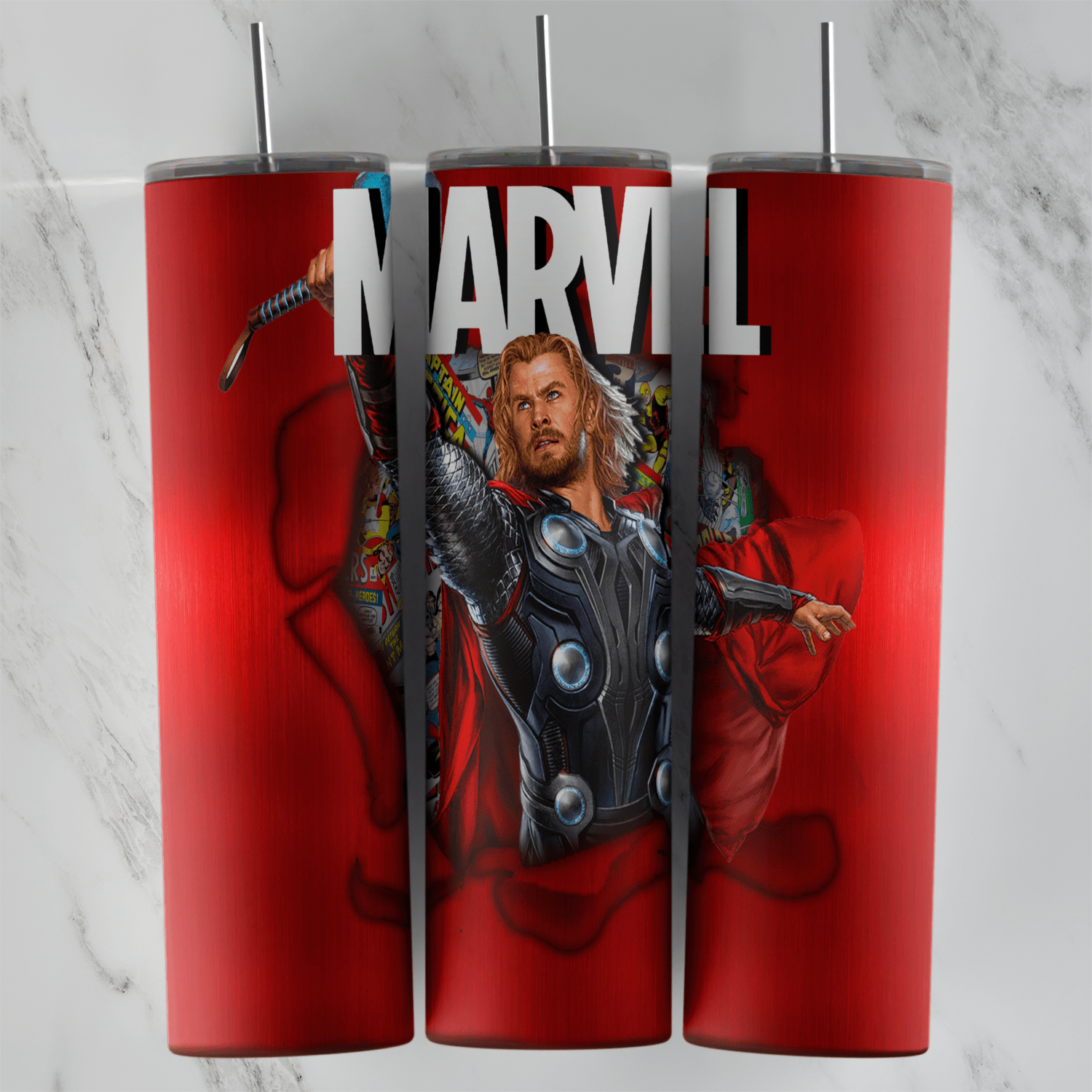 A 20 oz skinny tumbler wrap in glossy red with the big MARVEL logo on top and Thor with his cape and hammer breaking out. Sublimation design