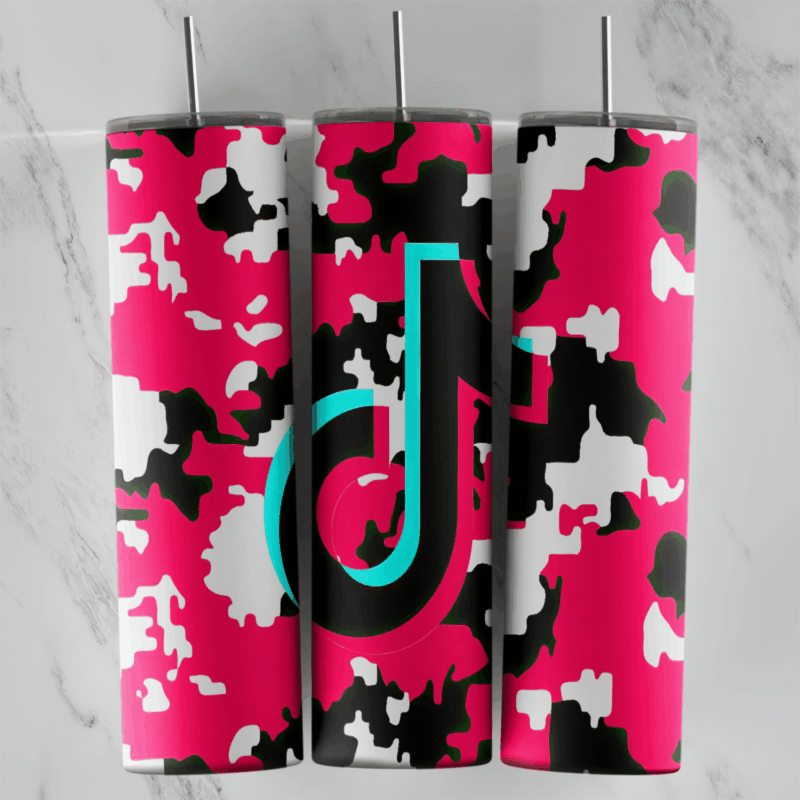 A TikTok tumbler wrap with the black and cyan music note logo set on a bold pink, black and white camo pattern. Sublimation design