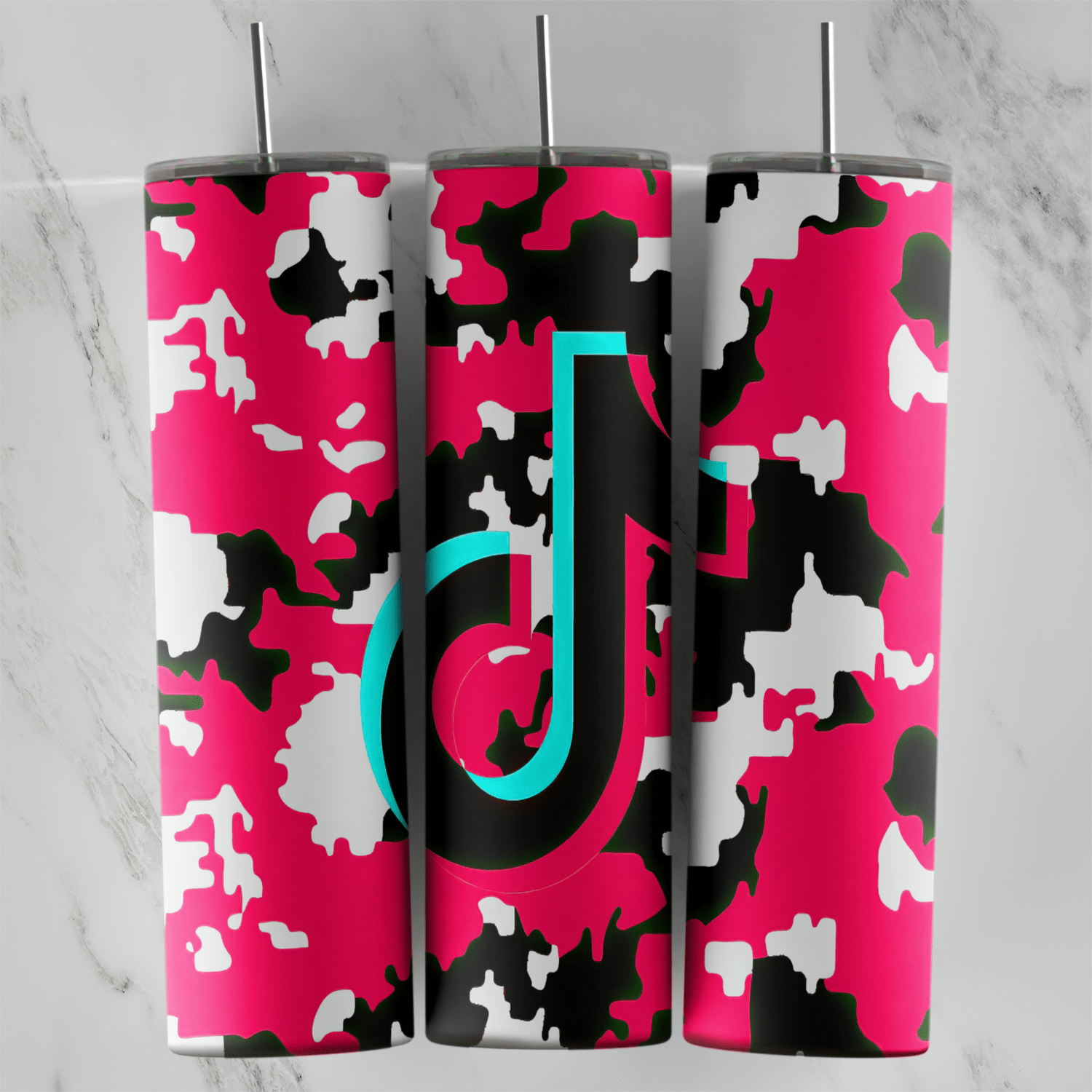 A TikTok tumbler wrap with the black and cyan music note logo set on a bold pink, black and white camo pattern. Sublimation design