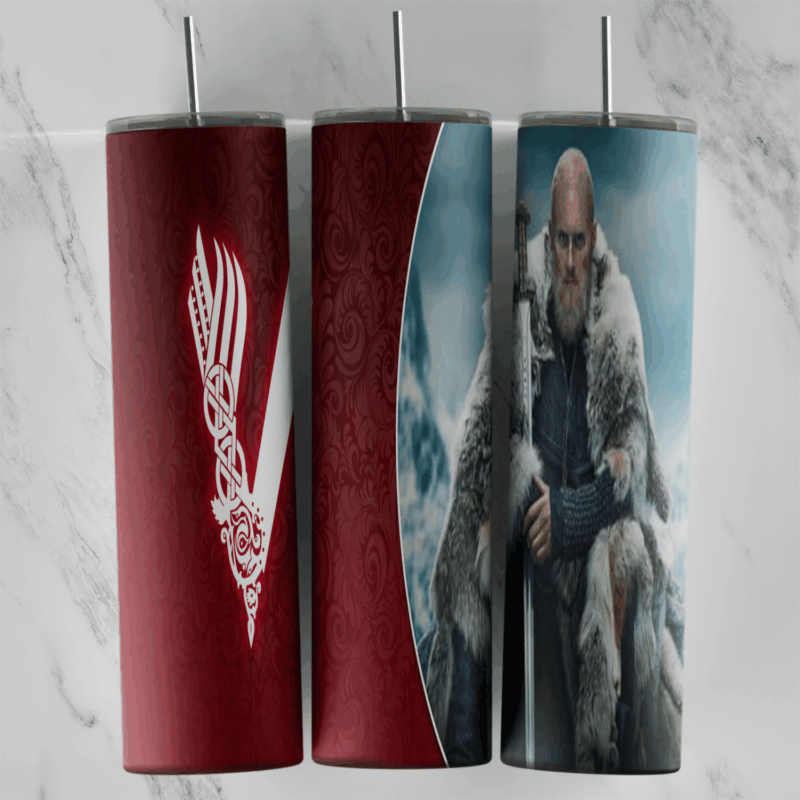 A 20 oz skinny tumbler wrap with the white Vikings V logo on dark red with a subtle ornament pattern, beside a gray bearded. Sublimation design