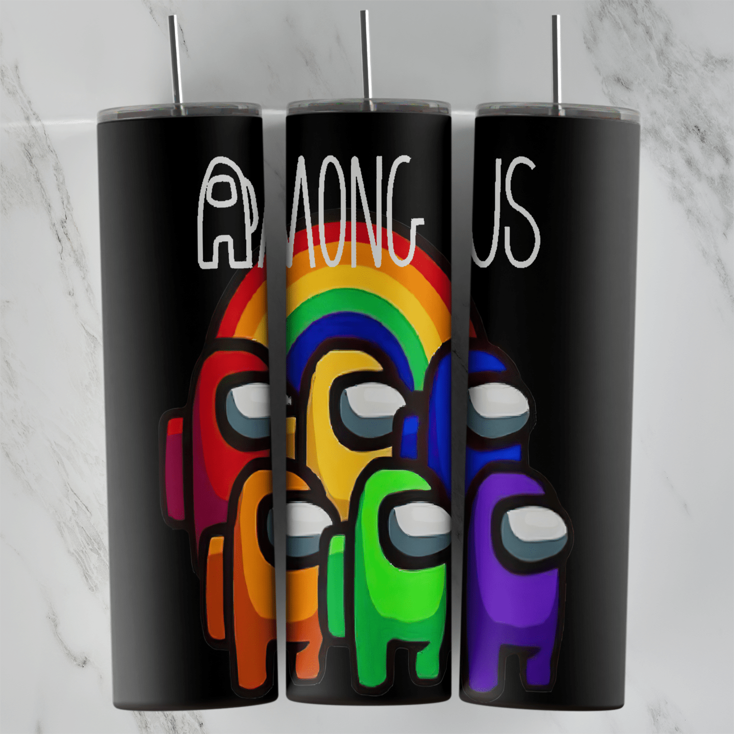 A 20 oz skinny tumbler wrap on black with Among Us lettering, a rainbow and a group of red, orange, yellow, green, blue. Sublimation design
