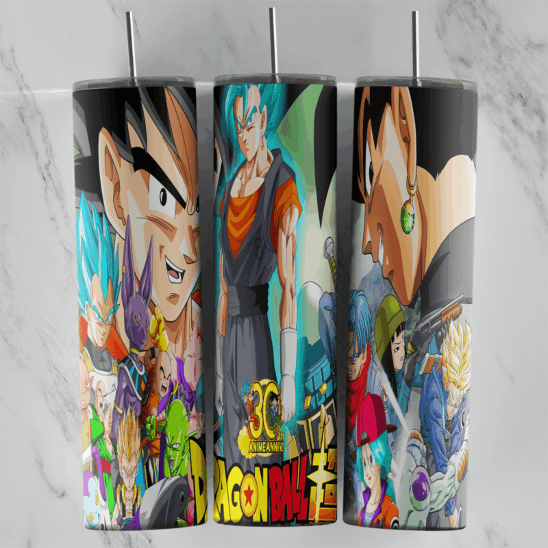 A full 20 oz skinny tumbler wrap with Dragon Ball characters: Goku, Vegeta, a fused Super Saiyan Blue warrior, Goku Black. Sublimation design