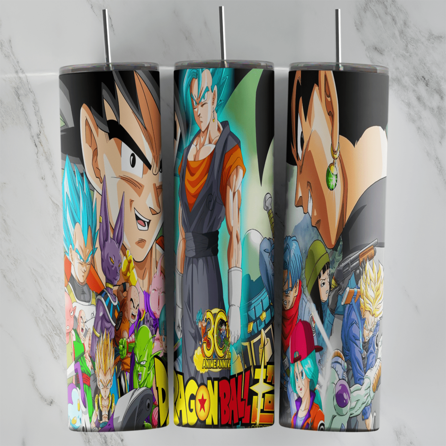 A full 20 oz skinny tumbler wrap with Dragon Ball characters: Goku, Vegeta, a fused Super Saiyan Blue warrior, Goku Black. Sublimation design