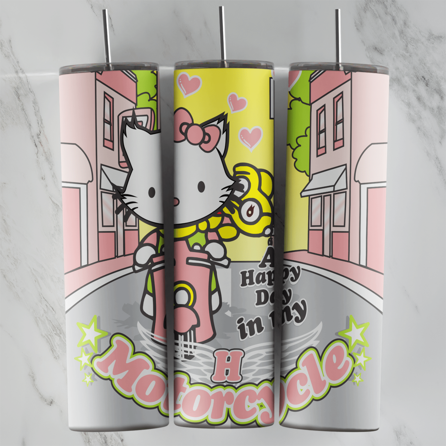 A full 20 oz skinny tumbler wrap with Hello Kitty riding a yellow motorcycle down a pink street, with A Happy Day in My. Sublimation design