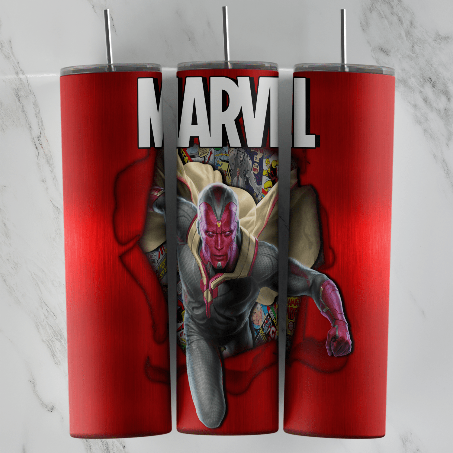 A 20 oz skinny tumbler wrap in glossy red with the big MARVEL logo on top and Vision breaking out of a torn hole filled. Sublimation design