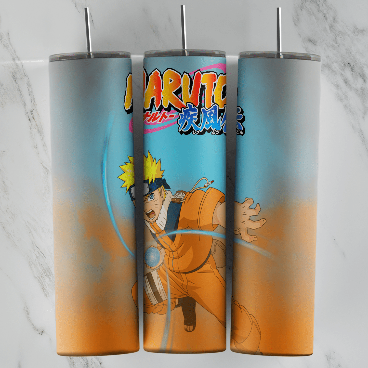 A 20 oz skinny tumbler wrap with Naruto charging a Rasengan on a faded blue to orange gradient, under the Naruto Shippuden logo. Sublimation design