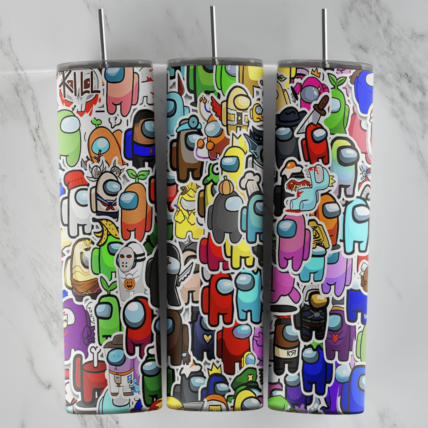 A 20 oz skinny tumbler wrap with a sticker collage of Among Us crewmates in many colors, wearing hats, costumes and accessories. Sublimation design