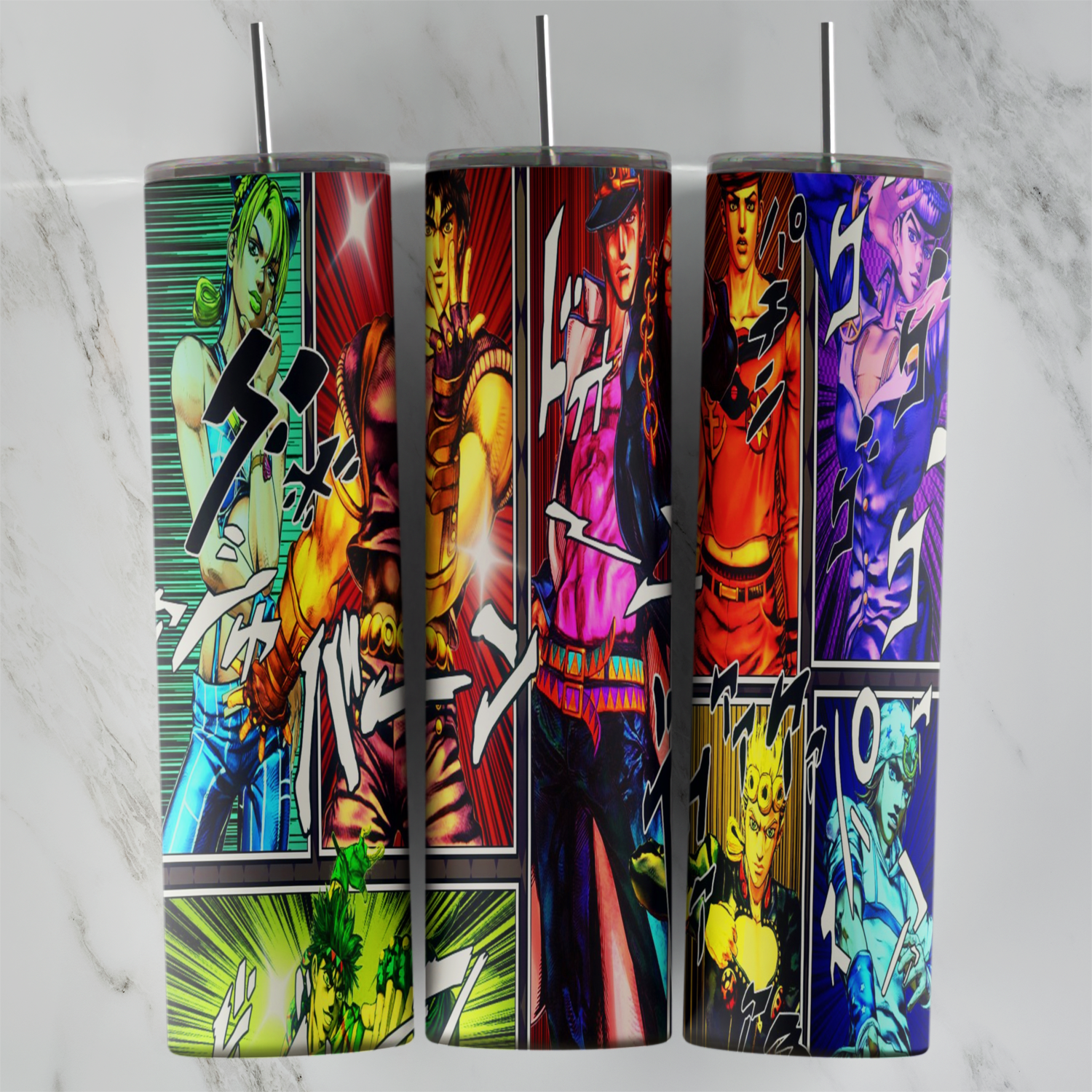 A full 20 oz skinny tumbler wrap made of colorful anime comic panels: fighters in bold poses, a figure in a cap and long coat. Sublimation design