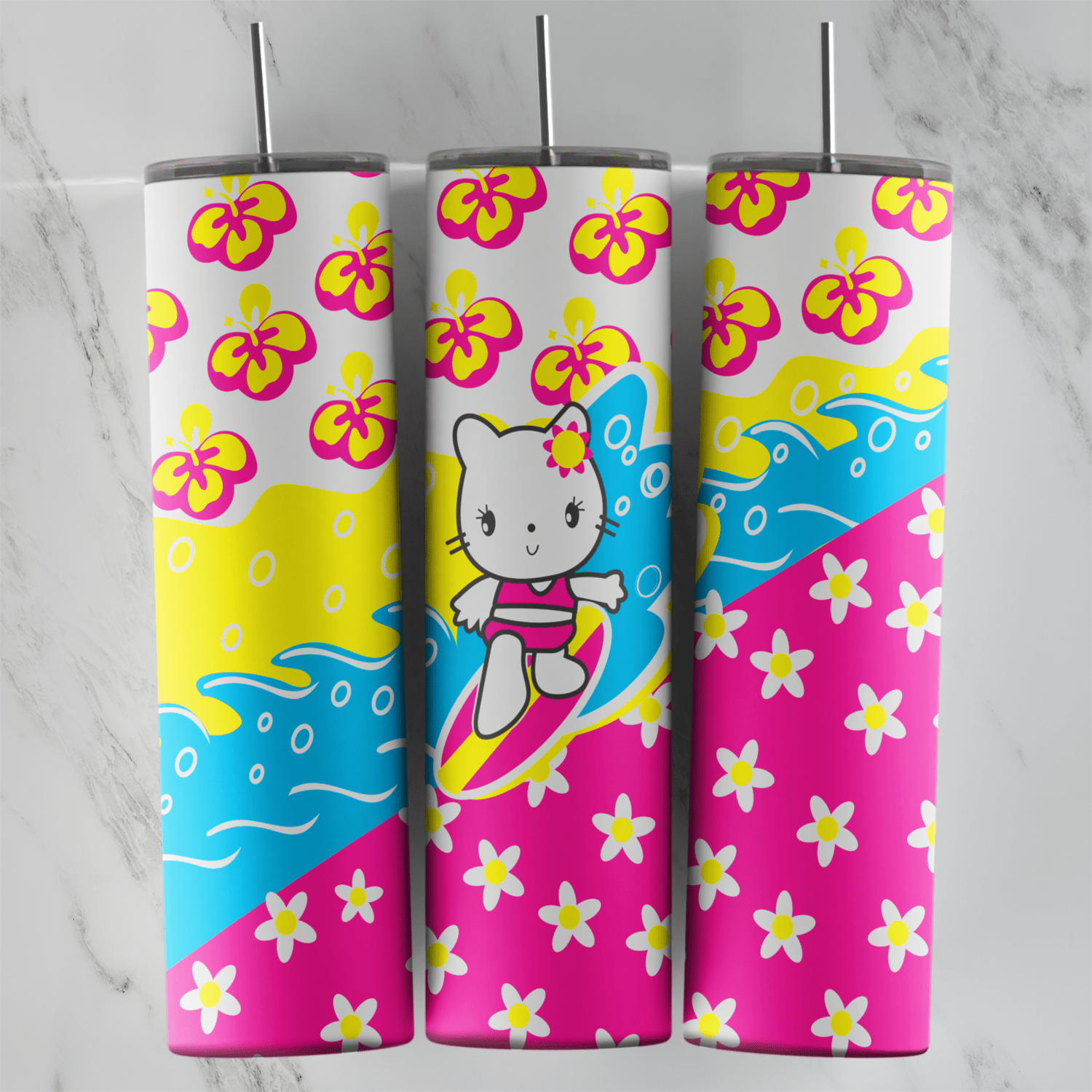 A full 20 oz skinny tumbler wrap with Hello Kitty surfing on a blue wave, over diagonal yellow, blue and pink stripes covered. Sublimation design