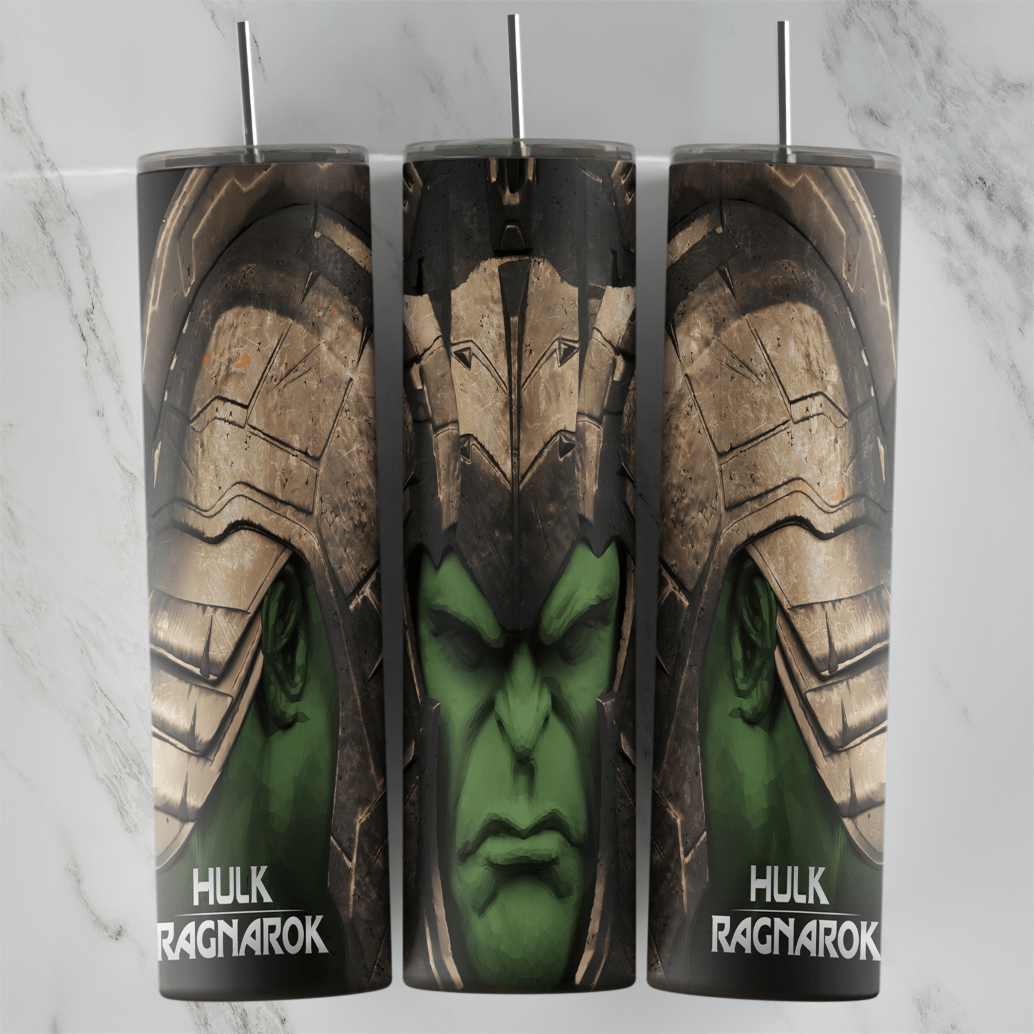 A 20 oz skinny tumbler wrap with the Hulk wearing his gladiator helmet from Ragnarok, with Hulk Ragnarok lettering on both sides. Sublimation design