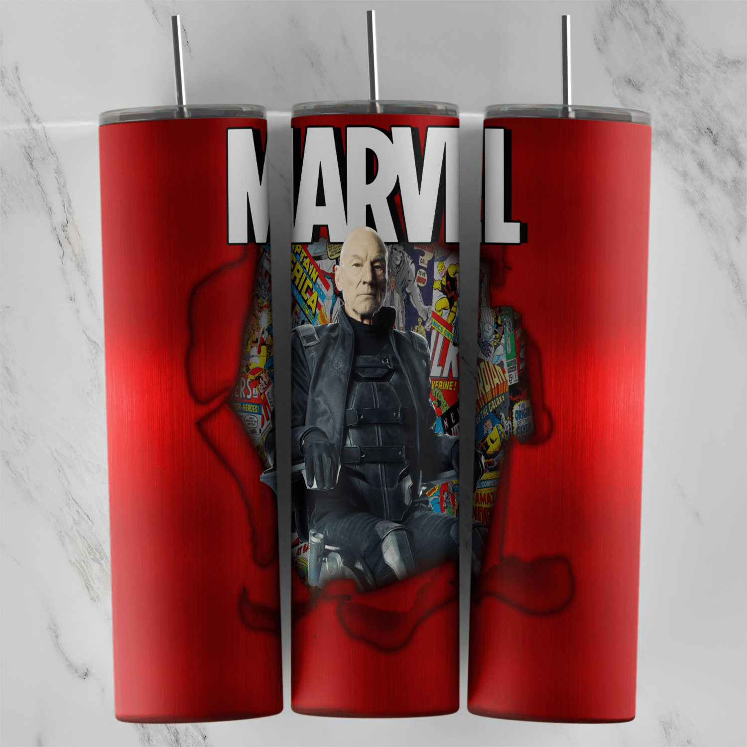 A 20 oz skinny tumbler wrap in glossy red with the big MARVEL logo on top and Professor X breaking out of a torn hole filled. Sublimation design