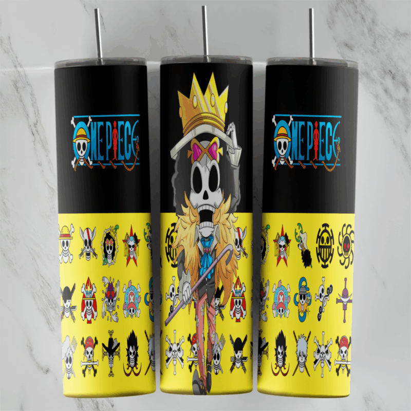 A 20 oz skinny tumbler wrap with Brook from One Piece in a gold crown and fur coat, the One Piece logo on black and a yellow band. Sublimation design