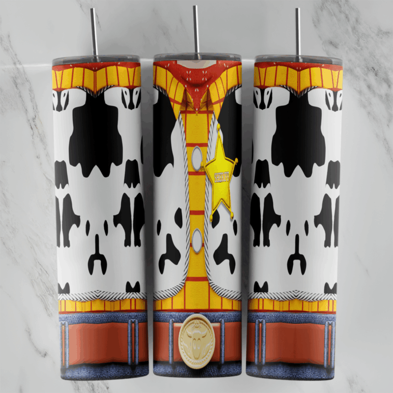 A 20 oz skinny tumbler wrap that turns the cup into Woody’s costume, with the black and white cow print vest, yellow shirt. Sublimation design