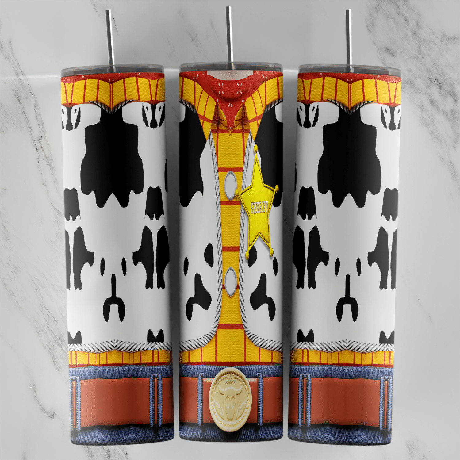 A 20 oz skinny tumbler wrap that turns the cup into Woody’s costume, with the black and white cow print vest, yellow shirt. Sublimation design