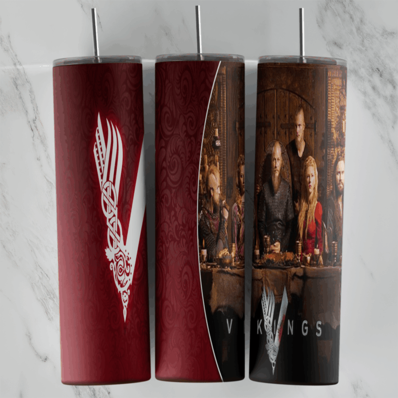 A 20 oz skinny tumbler wrap with the white Vikings V logo on dark red and a feast scene of the main characters at a long table. Sublimation design