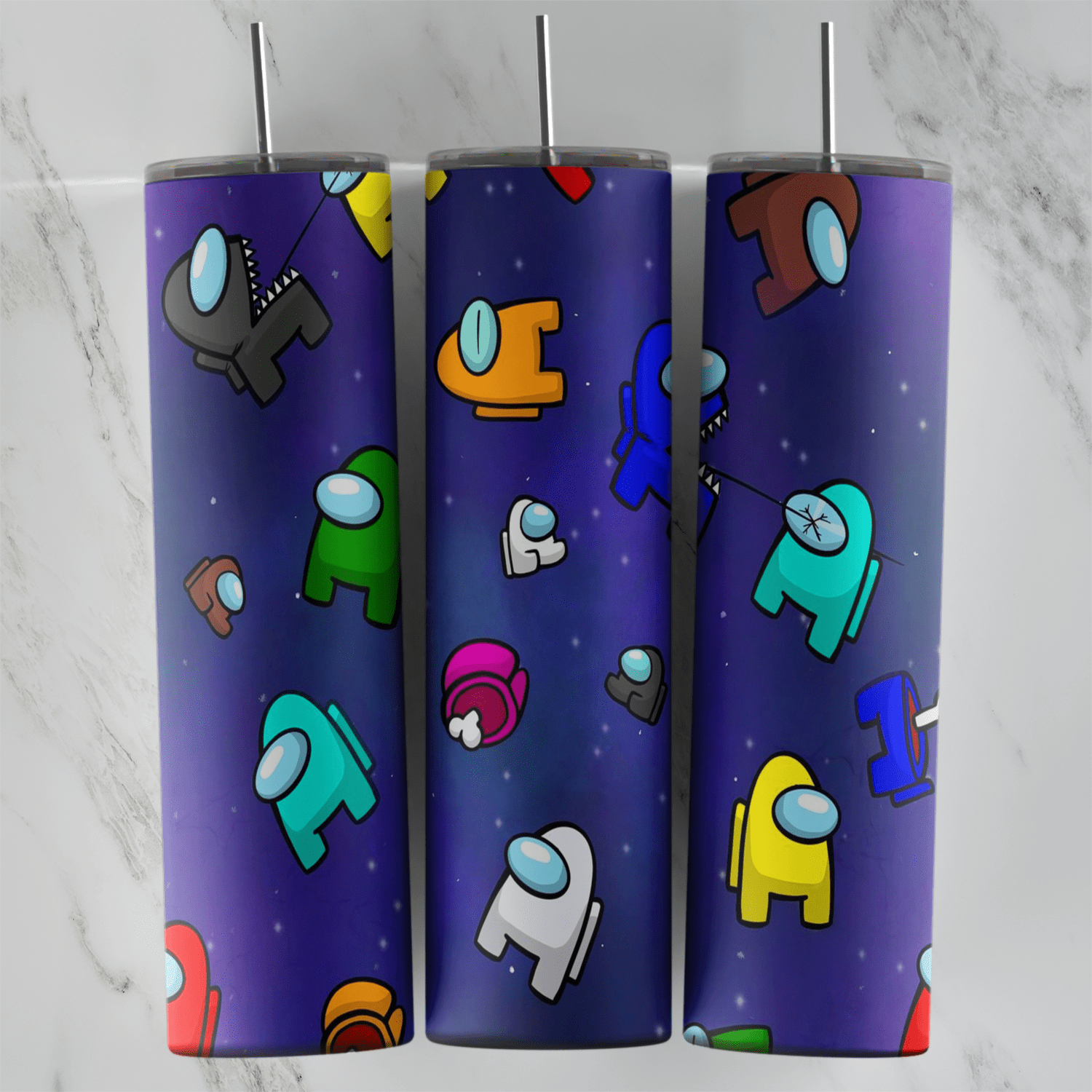 A 20 oz skinny tumbler wrap with Among Us crewmates in cyan, yellow, green, white and orange floating on a purple starry space. Sublimation design