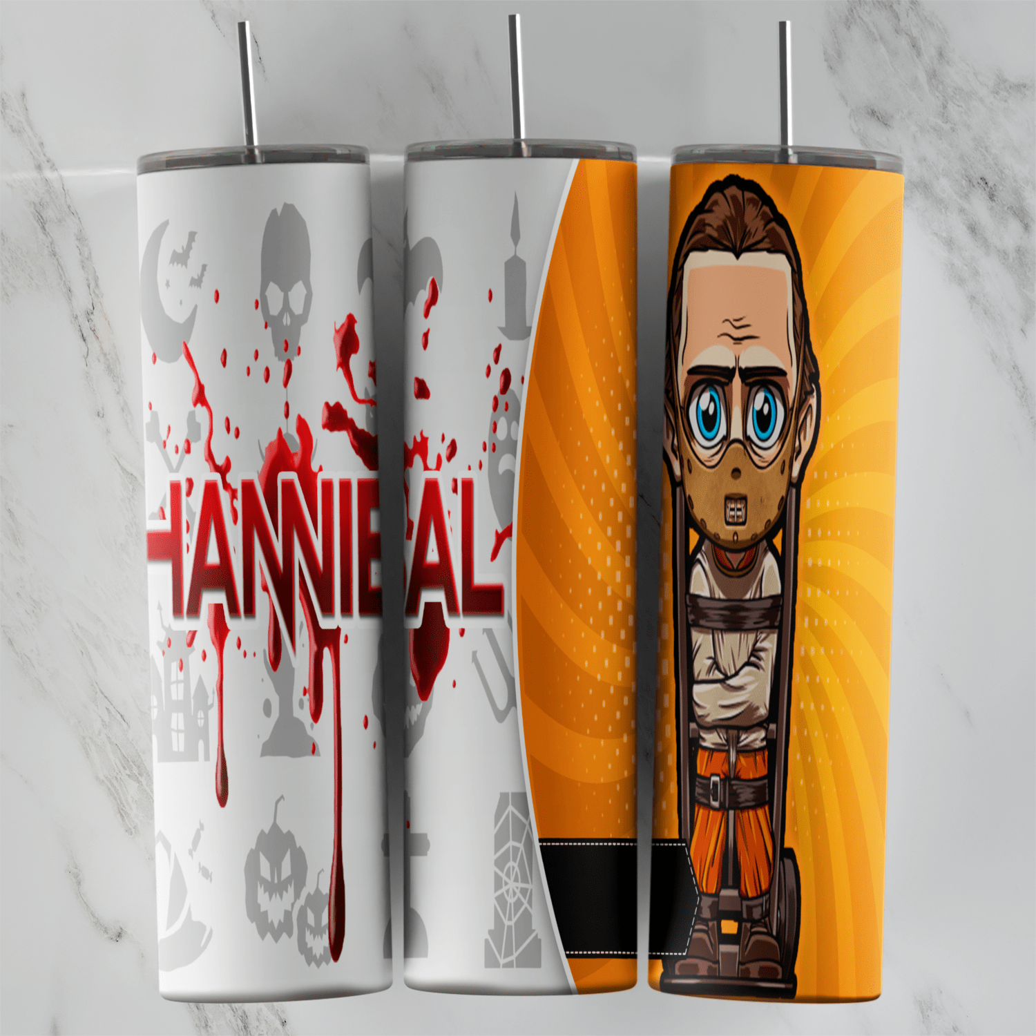 A 20 oz skinny tumbler wrap with a chibi Hannibal Lecter strapped to a hand truck on an orange sunburst panel, with red Hannibal. Sublimation design