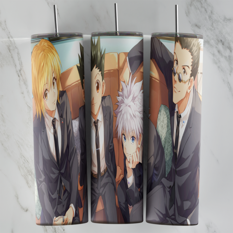 A 20 oz skinny tumbler wrap with anime art of Kurapika, Gon, Killua and Leorio from Hunter x Hunter dressed in black suits. Sublimation design