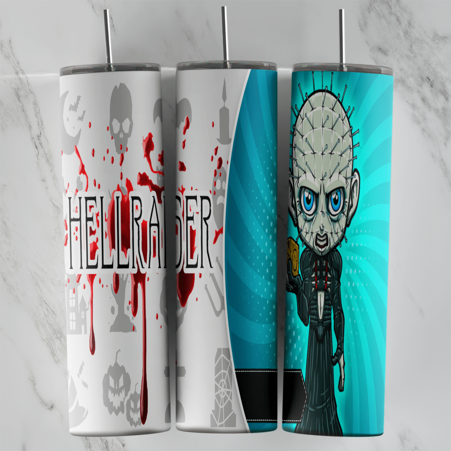 A 20 oz skinny tumbler wrap with a chibi Pinhead holding the puzzle box on a bright teal panel, with Hellraiser lettering. Sublimation design