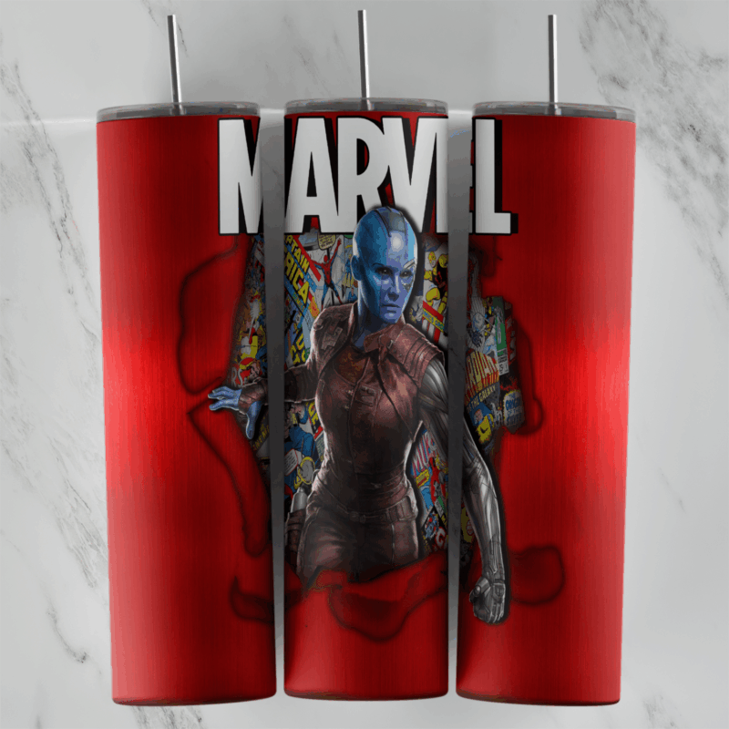 A 20 oz skinny tumbler wrap in glossy red with the big MARVEL logo on top and Nebula breaking out of a torn hole filled. Sublimation design