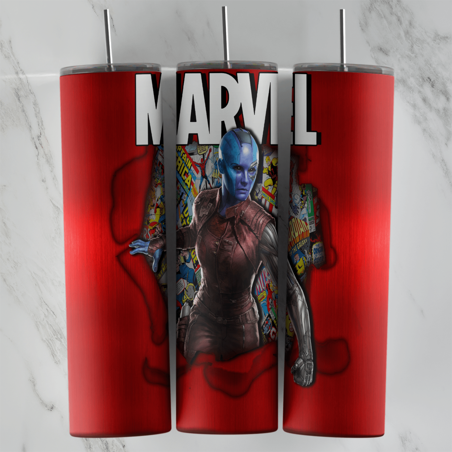 A 20 oz skinny tumbler wrap in glossy red with the big MARVEL logo on top and Nebula breaking out of a torn hole filled. Sublimation design