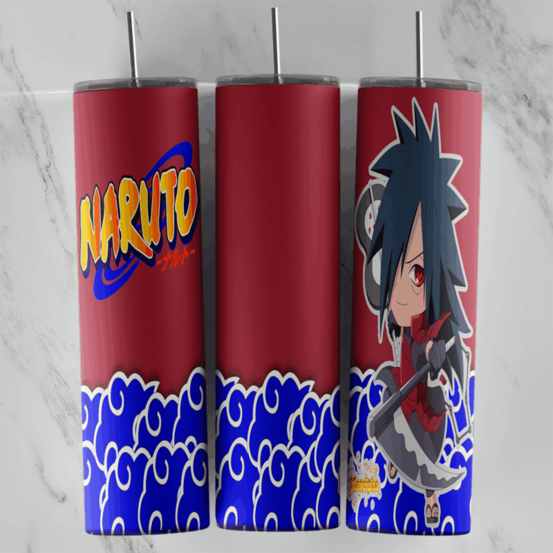 A 20 oz skinny tumbler wrap with a chibi Madara Uchiha in red armor holding a fan, the Naruto logo on dark red and blue swirling. Sublimation design