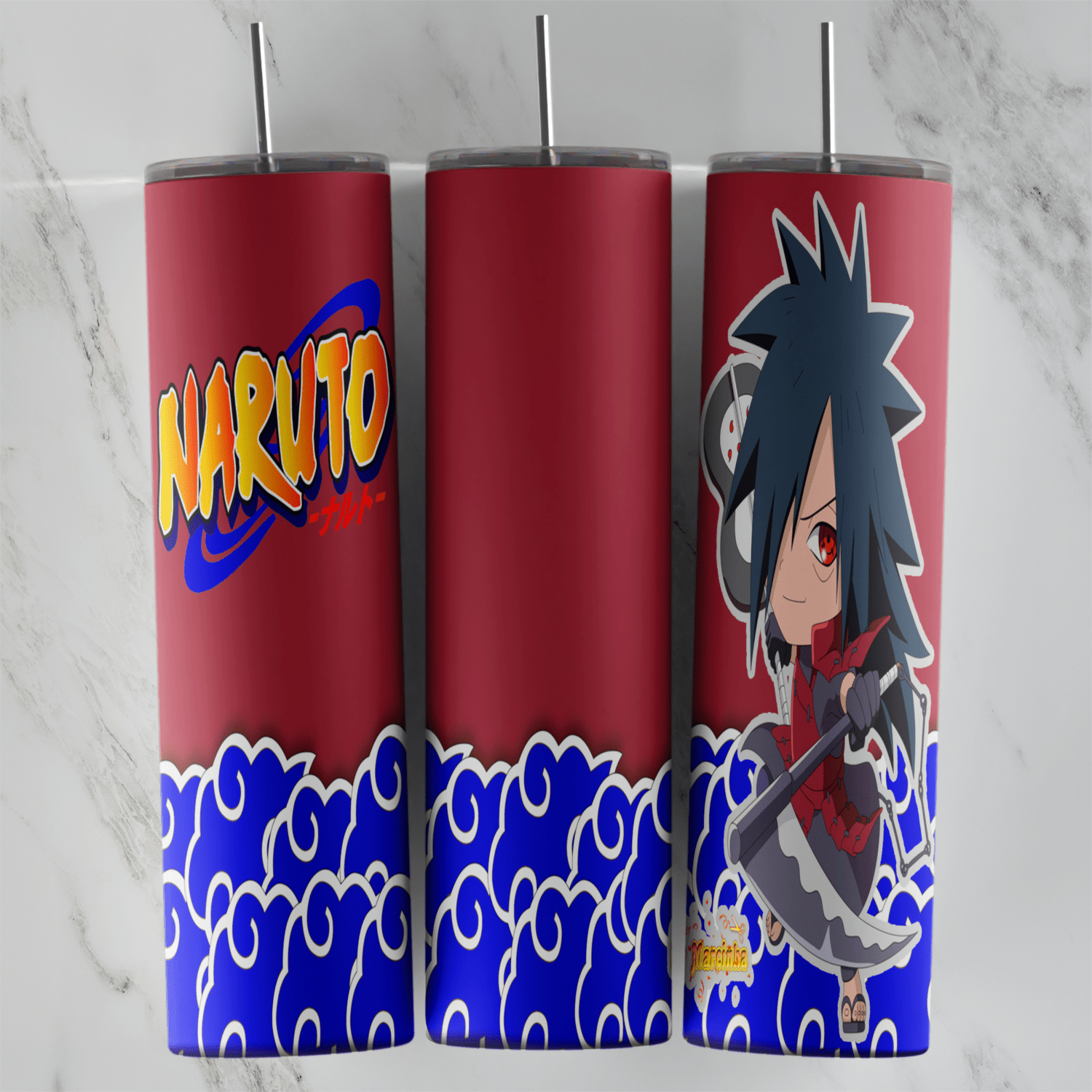 A 20 oz skinny tumbler wrap with a chibi Madara Uchiha in red armor holding a fan, the Naruto logo on dark red and blue swirling. Sublimation design