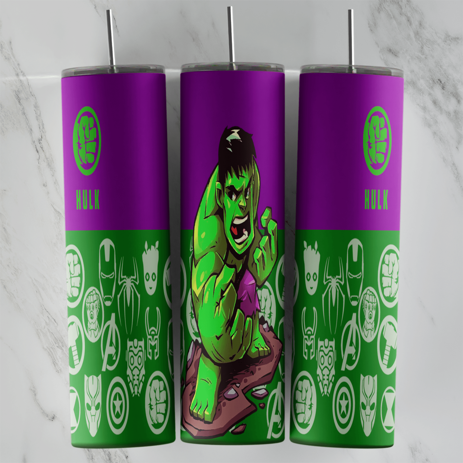 A 20 oz skinny tumbler wrap with a cartoon Hulk and Hulk lettering, split into purple and green halves with a pattern of Avengers. Sublimation design