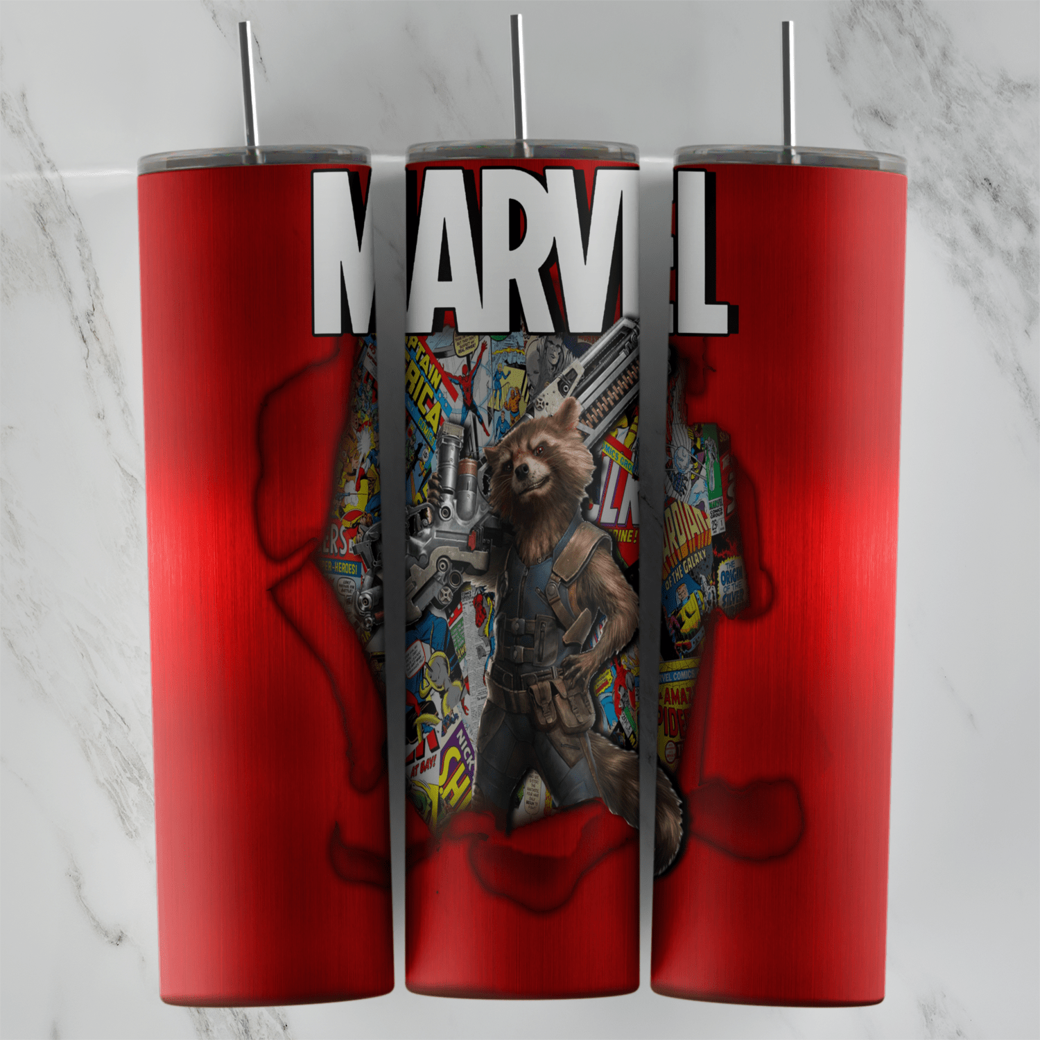 A 20 oz skinny tumbler wrap in glossy red with the big MARVEL logo on top and Rocket Raccoon breaking out of a torn hole filled. Sublimation design