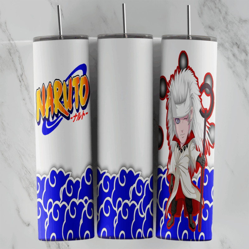 A 20 oz skinny tumbler wrap with a chibi Sage of Six Paths holding his staff with black orbs, the Naruto logo on white. Sublimation design