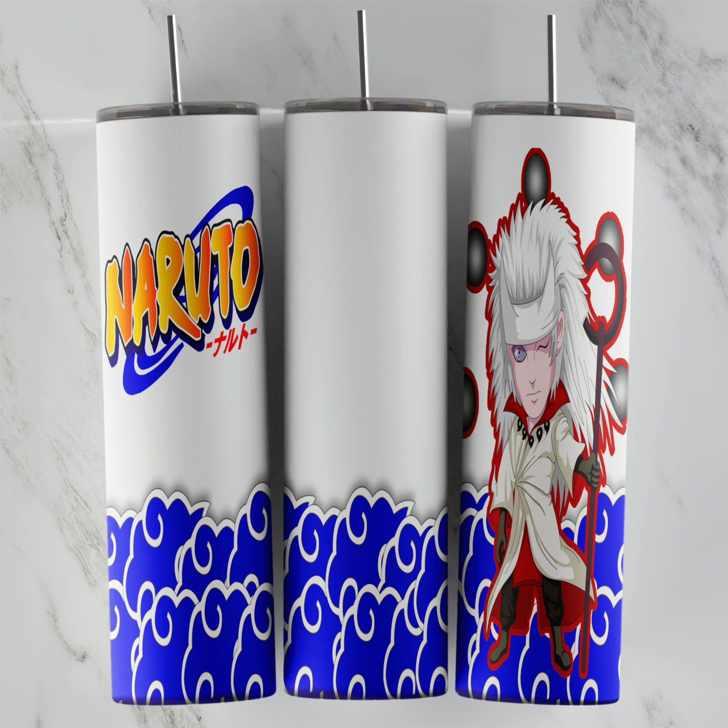 A 20 oz skinny tumbler wrap with a chibi Sage of Six Paths holding his staff with black orbs, the Naruto logo on white. Sublimation design