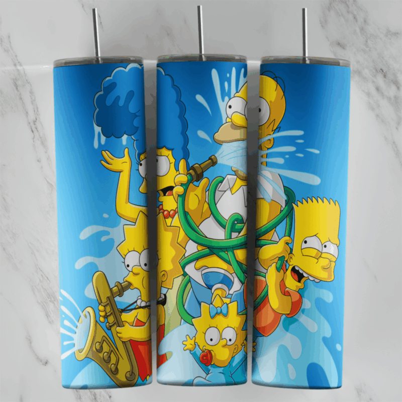 A full 20 oz skinny tumbler wrap of the Simpsons caught in a blue water splash: Homer, Bart, Marge, Maggie and Lisa. Sublimation design