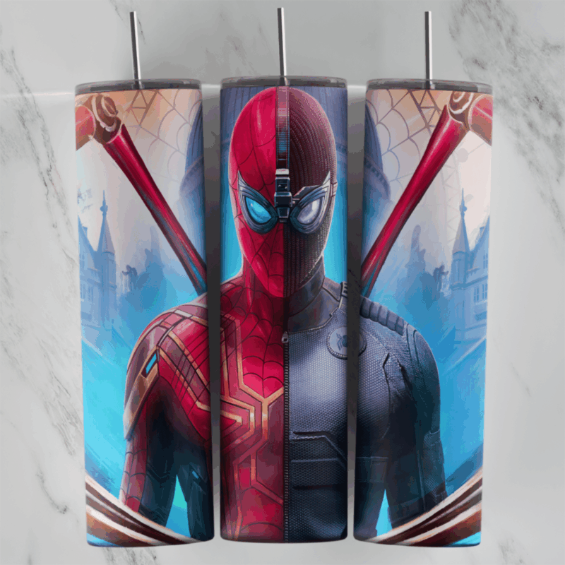 A 20 oz skinny tumbler wrap on marble with a Spider-Man portrait divided between the red and blue suit and a black stealth suit. Sublimation design