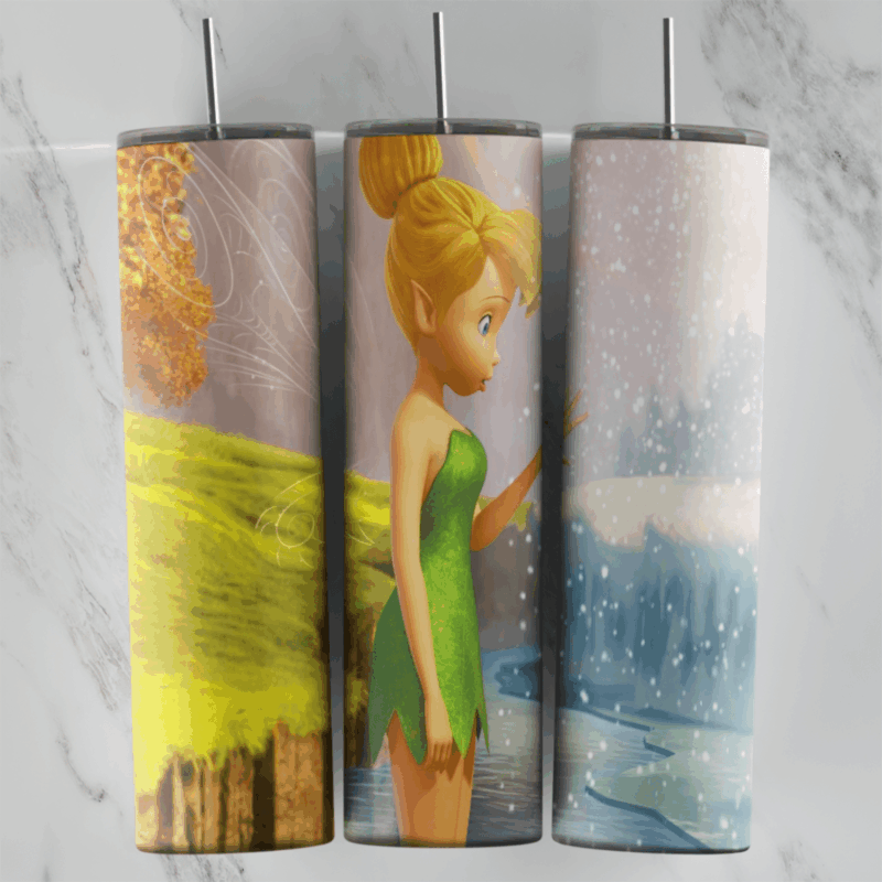 A Tinker Bell tumbler wrap with Tink in her green leaf dress standing in the middle of a landscape of autumn leaves, a yellow. Sublimation design