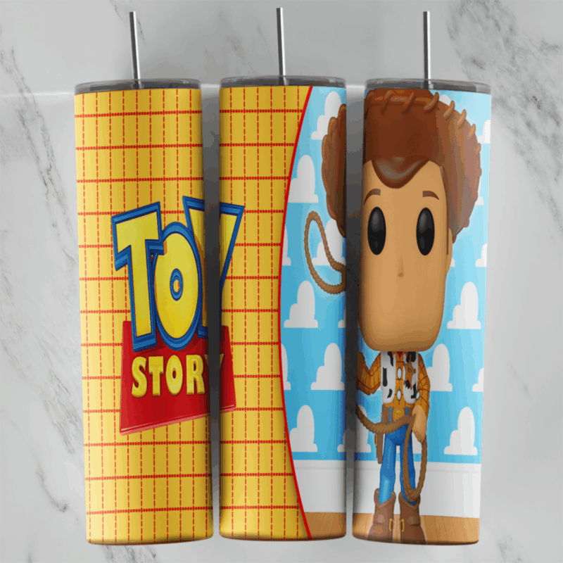 A 20 oz skinny tumbler wrap with the Toy Story logo on a yellow plaid panel and a big-headed Woody figure standing on the blue. Sublimation design