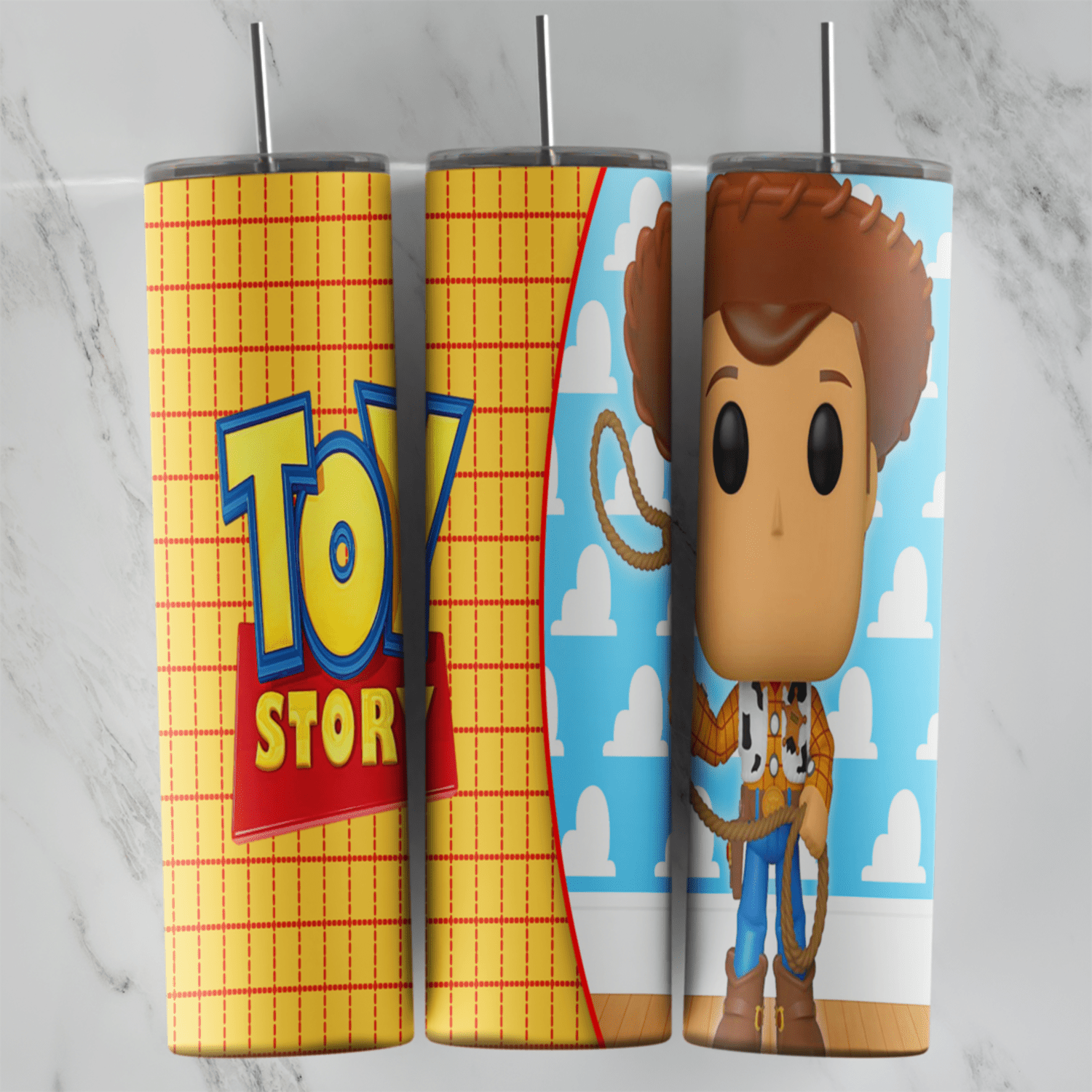 A 20 oz skinny tumbler wrap with the Toy Story logo on a yellow plaid panel and a big-headed Woody figure standing on the blue. Sublimation design