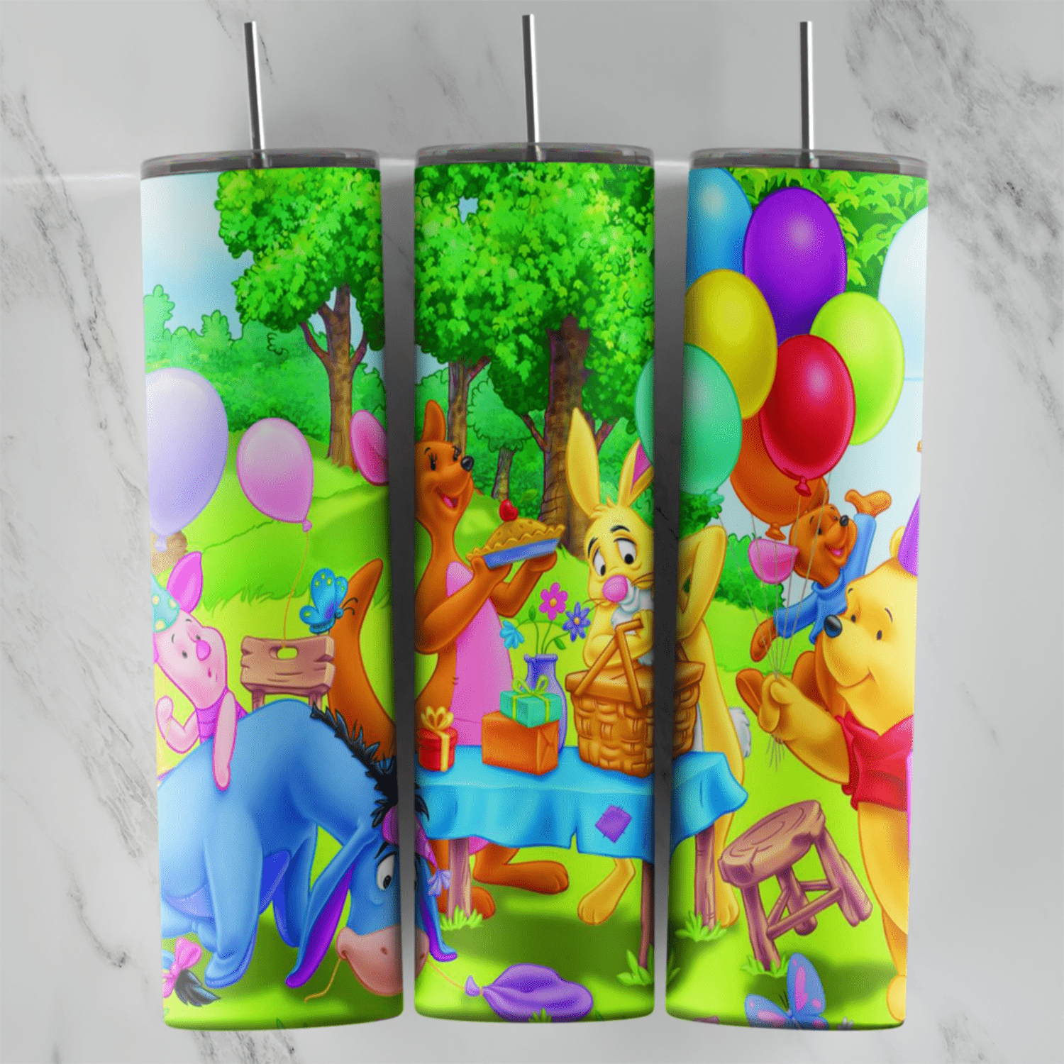 A full 20 oz skinny tumbler wrap with a Hundred Acre Wood picnic: Winnie the Pooh, Piglet, Eeyore, Rabbit and Tigger around. Sublimation design