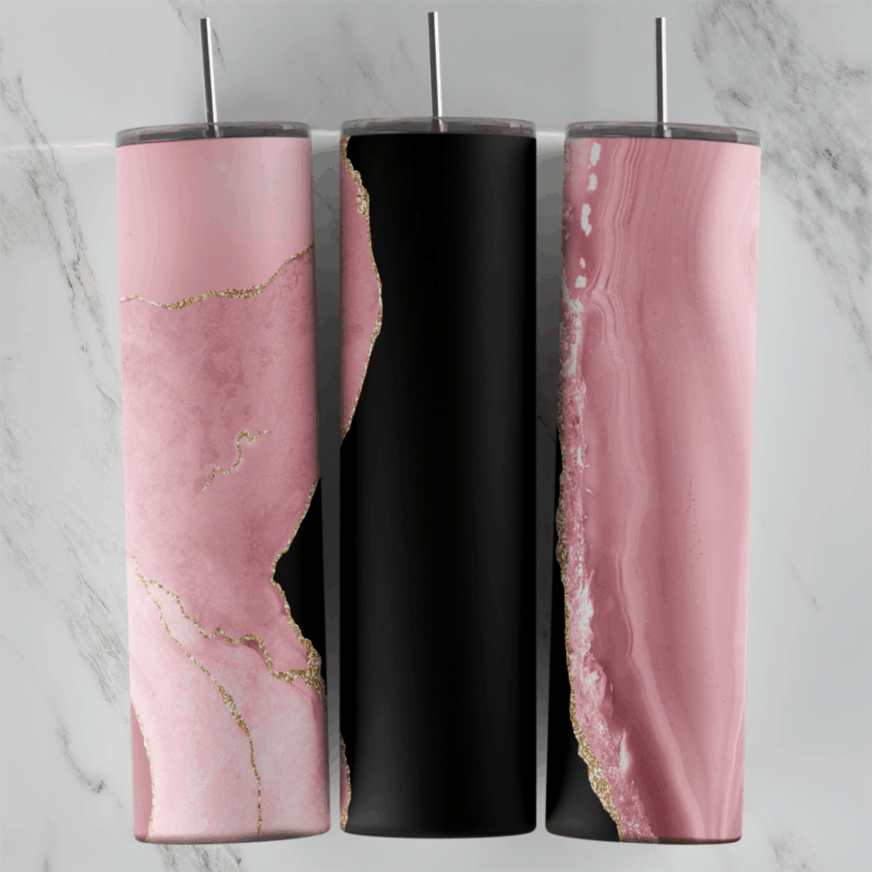 A full 20 oz skinny tumbler wrap with pink marble with gold veins, split by a band of glossy black stone with pale pink edges. Sublimation design