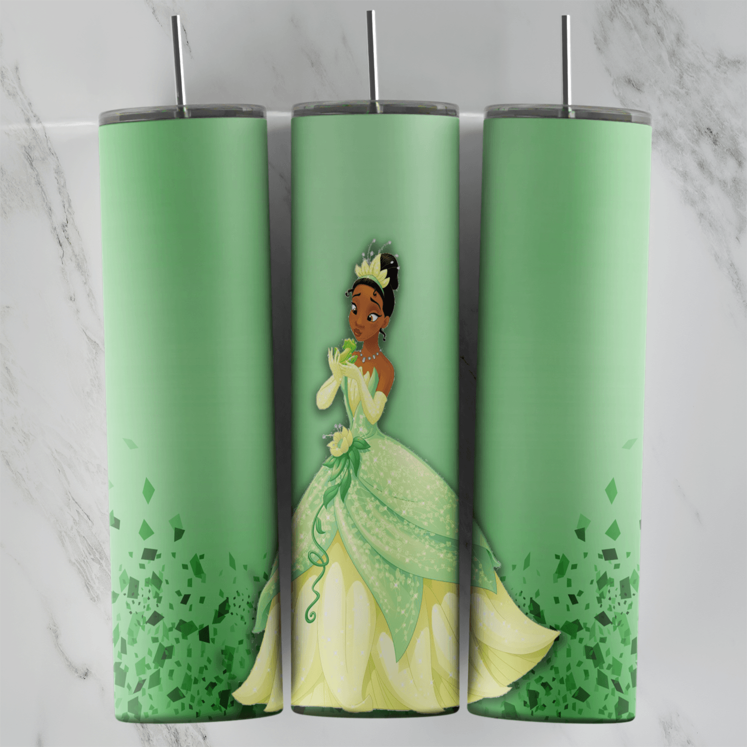 A Princess Tiana tumbler wrap: Tiana in her green gown with a lily pad petal skirt, standing on a soft green background. Sublimation design